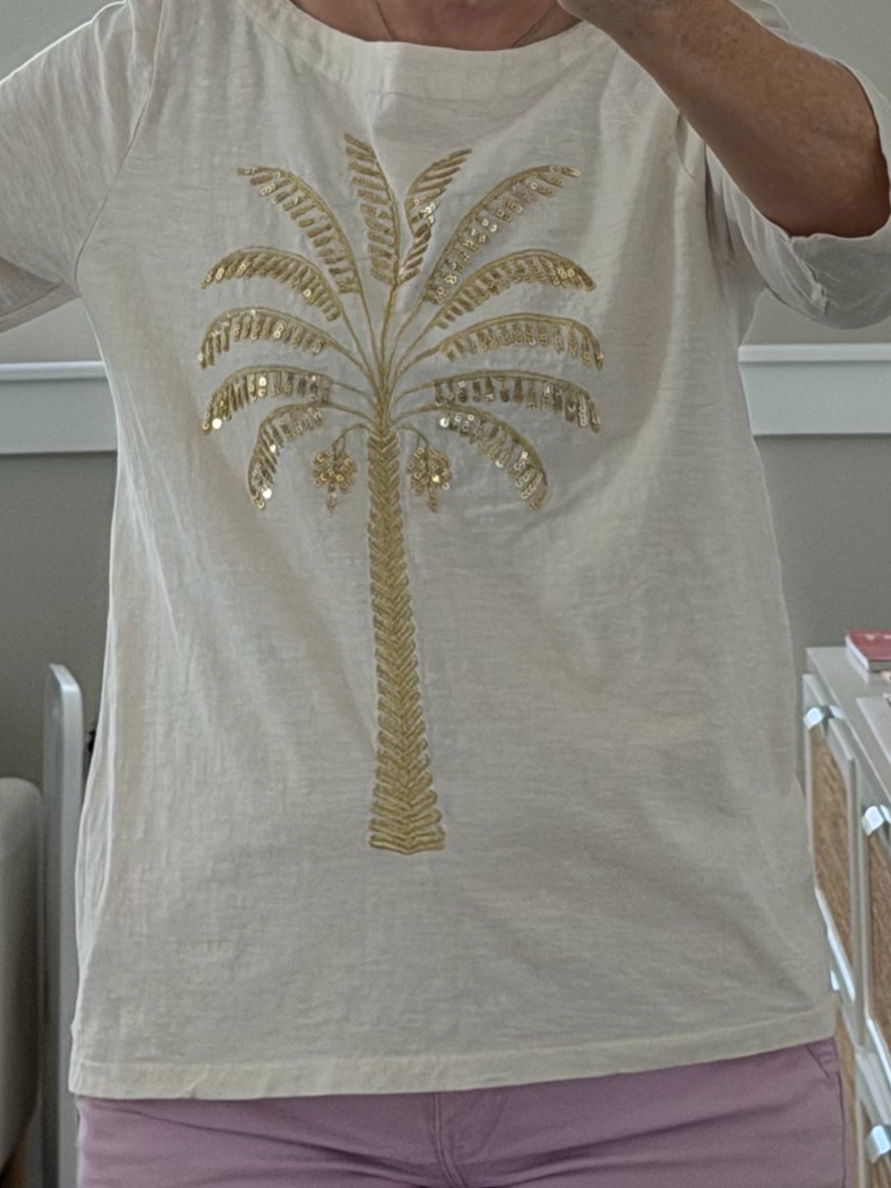 Tommy Bahama Cream Top with Gold Sequin Palm